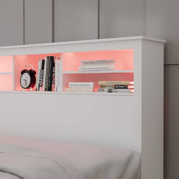 Full Queen White Wood Headboard Shelf, Queen Size Bookcase Headboard With Lights