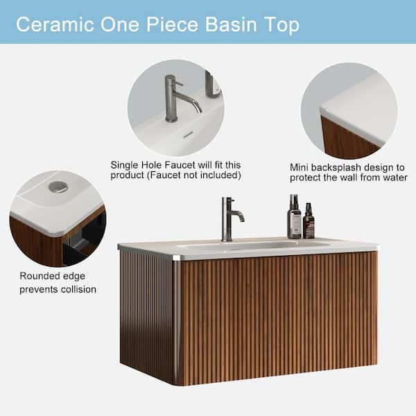 ENYA 30 in. W x 18.3 in. D x 15.6 in. H Single Sink Floating Bath Vanity in Walnut with White Caremic Top