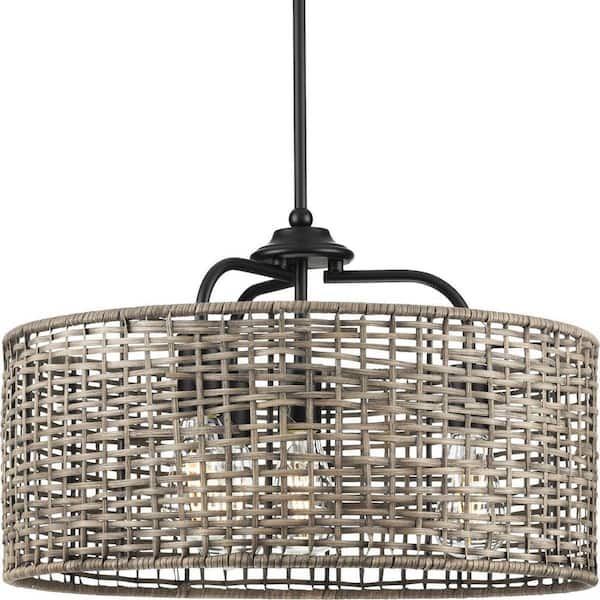 Progress Lighting Lavelle Collection 20-1/2 in. 4-Light Natural Rattan Textured Black Global Pendant Kitchen Light