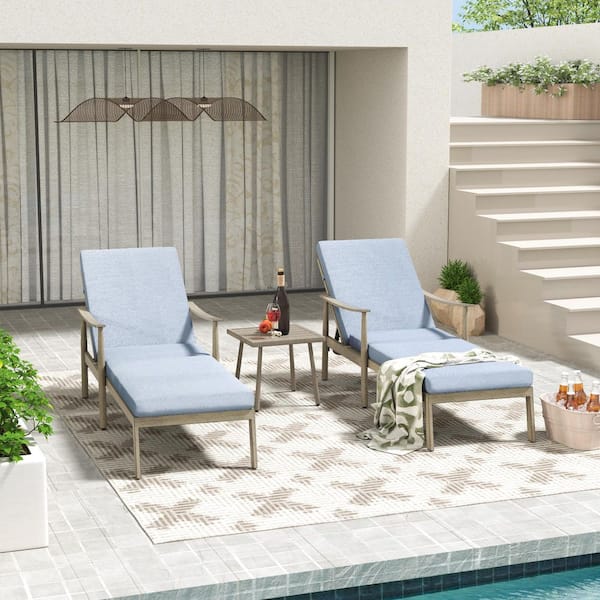 3-Piece Aluminum Outdoor Patio Chaise Lounge with Side Table and Blue Cushions