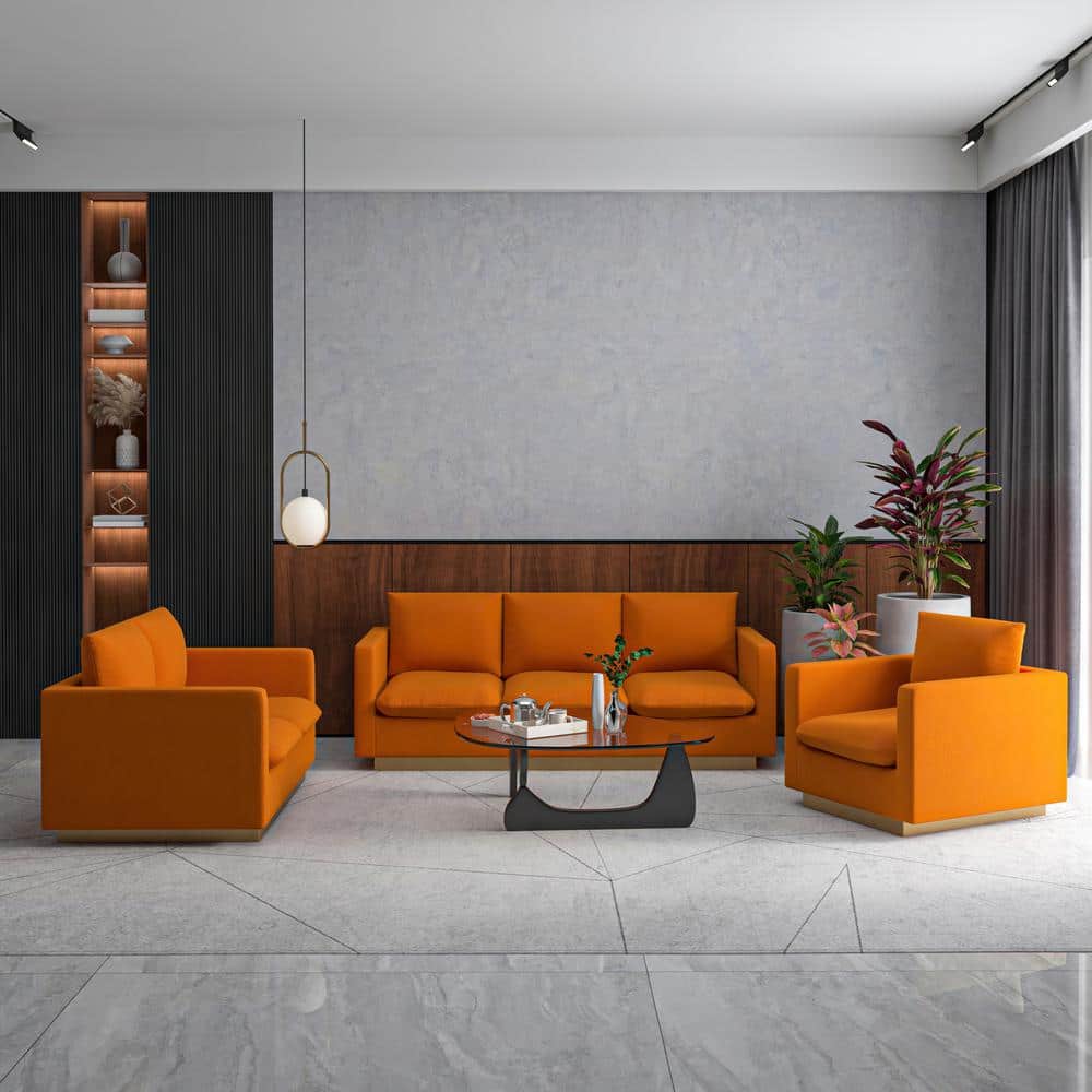 Orange Marmalade Velvet 3-Piece Sofa Set with Gold Base