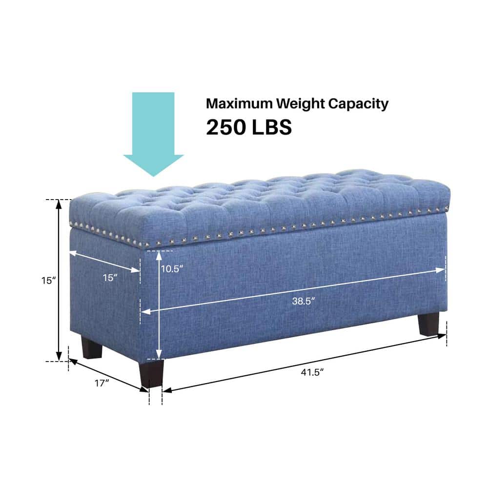 Blue Button Tufted Storage Ottoman with Nailhead Trim