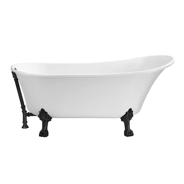 Streamline 55 in. Acrylic Clawfoot Non-Whirlpool Bathtub in Glossy White With Matte Black Clawfeet And Matte Black Drain