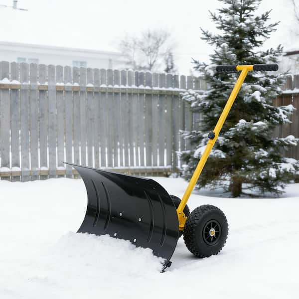 29'' W Yellow Metal Handle Steel Snow Shovel with Wheels, Cushioned Adjustable Angle Handle Snow Removal Tool