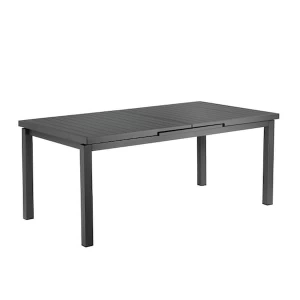 Benjara 95 in. Gray Wood Top 4 Leg Extendable Dining Table with Aluminum Frame and Plank Style Seats 6