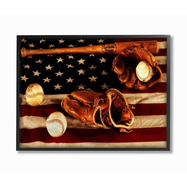 Stupell Industries 16 in. x 20 in. "Vintage American Flag Baseball Sports Rustic Photo" by Daniel Sproul Framed Wall Art