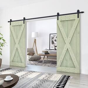 84 in. x 84 in. X Series Sage Green Stained Solid Knotty Pine Wood Interior Double Sliding Barn Door with Hardware Kit