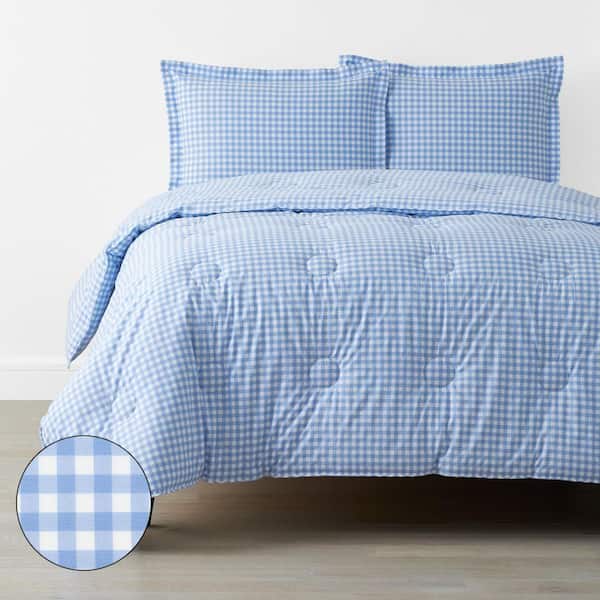 Company Kids Light Blue Gingham Organic Cotton Percale Queen Comforter Set