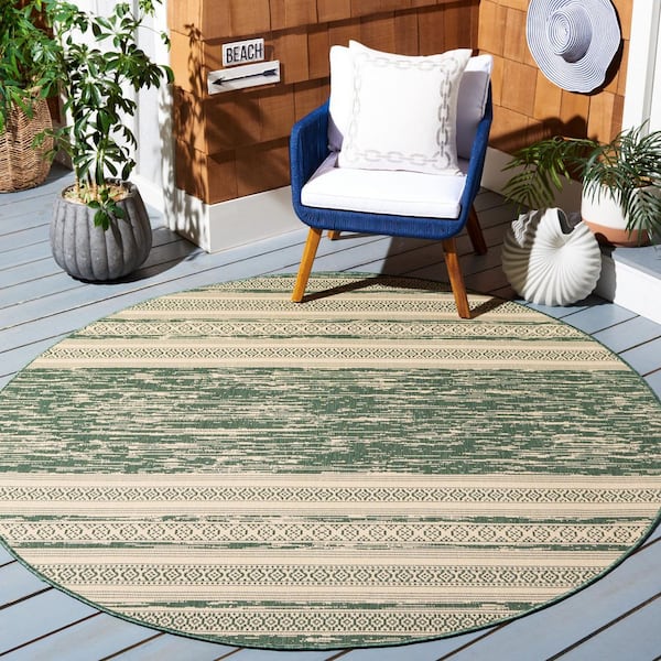 Courtyard Dark Green/Beige 7 ft. x 7 ft. Aztec Striped Indoor/Outdoor Round Area Rug