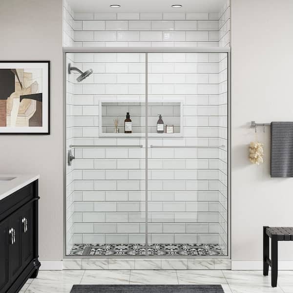 56 in. - 60 in. W x 76 in. H Double Sliding Semi-Frameless Shower Door in Brushed Nickel with 5/16 in.(8 mm) Clear Glass