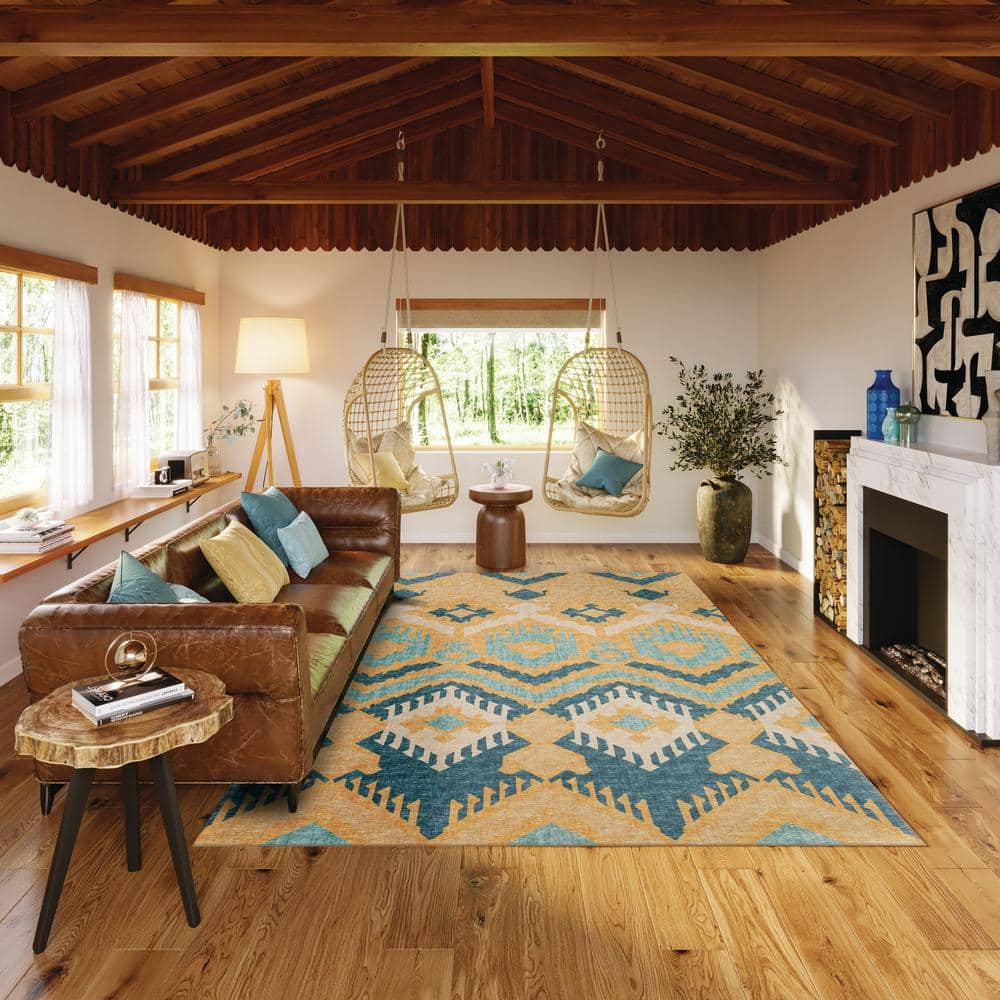 Yuma Yellow and Blue Chenille Rectangular Washable Area Rug 5' x 7'