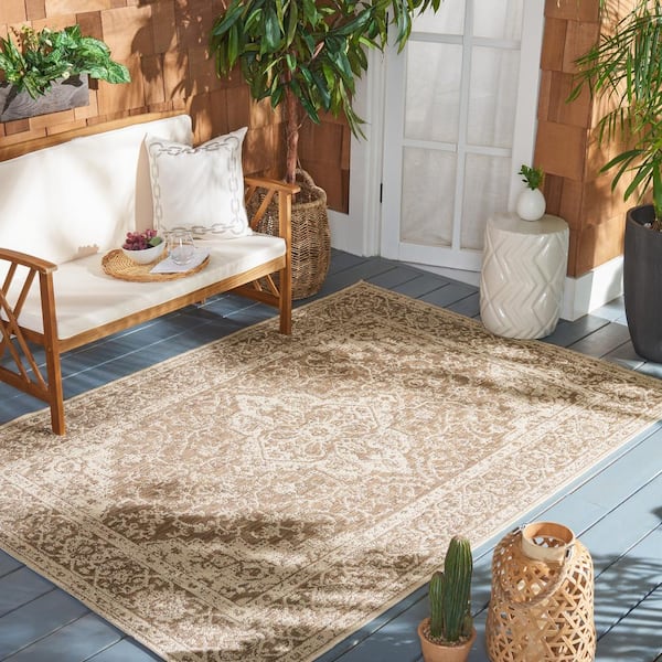 Beach House Beige/Cream 7 ft. x 9 ft. Border Floral Indoor/Outdoor Patio  Area Rug