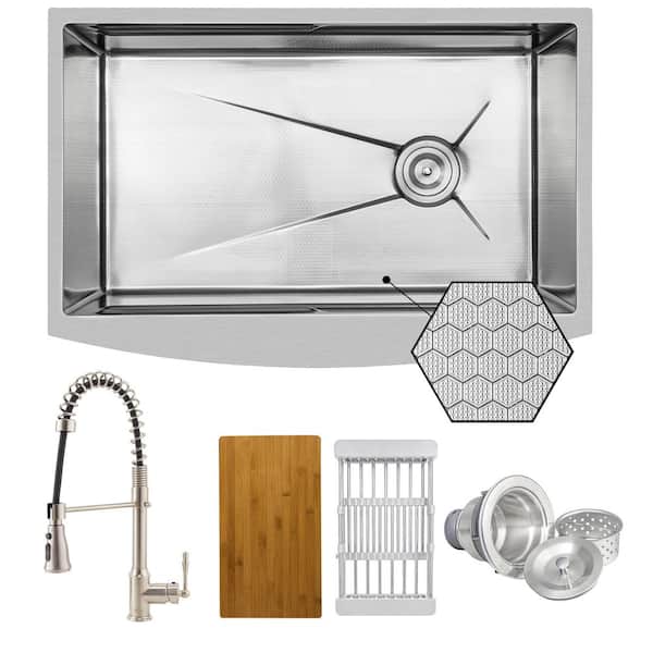 HEX 33 in. Farmhouse Apron Front Single Bowl Stainless Steel Workstation Kitchen Sink with Faucet