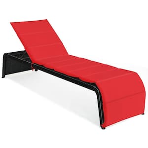 Wicker Outdoor Lounge Chair with Red Cushion, Adjustable Height