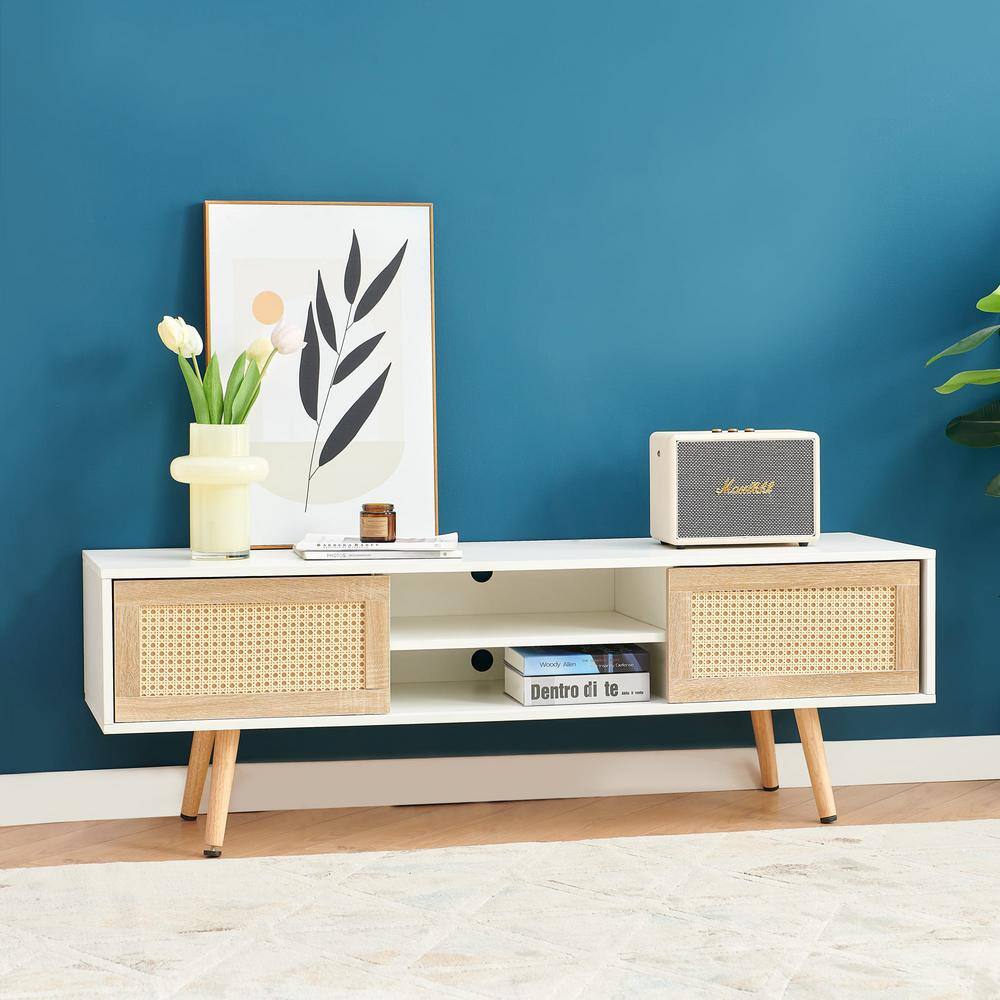 55.12 in. Rattan TV Cabinet in White, Double Sliding Doors for Storage, Adjustable Shelf For Living Room price history on PriceWatchPro