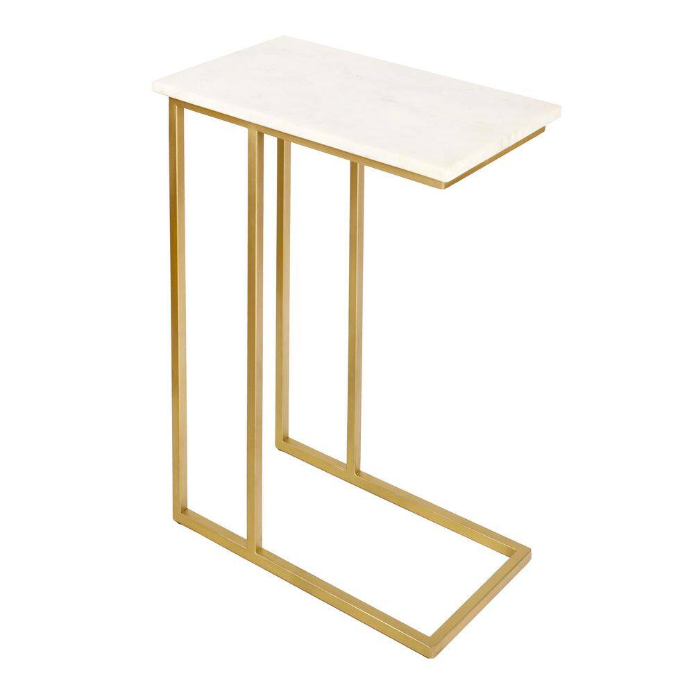 Caius 24.25 in. Designer Industrial Metal C-Shaped End Table and Side Couch Table with White Marble Top, Gold