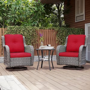 3-Piece Wicker Swivel Outdoor Rocking Chairs Patio Conversation Set with Red Cushions