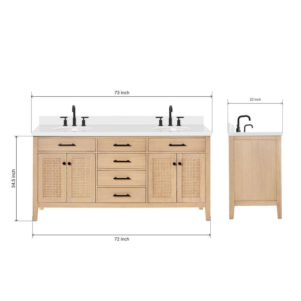 Camila 73" Light Brown Oak Double Sink Vanity with White Quartz Top