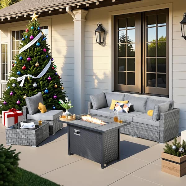 Helene Gray 6-Piece Wicker Outdoor Fire Pit Furniture Set Patio Conversation Sofa Set with Dark Grey Cushions