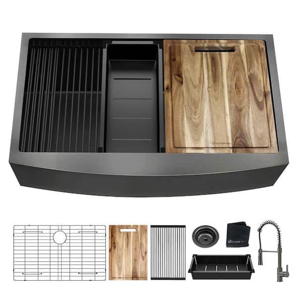 36 in. Farmhouse/Apron-Front Single Bowl 18 Gauge Gunmetal Black Stainless Steel Workstation Kitchen Sink with Faucet