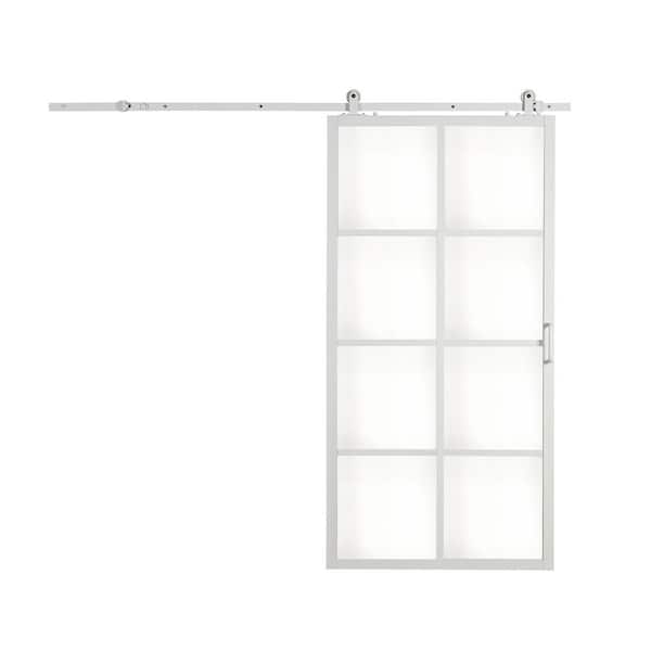French 42 in. x 84 in. Full Lite Clear Glass White Frame Aluminum Sliding Barn Door with Hardware Kit