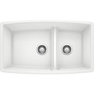 PERFORMA Undermount Granite Composite 33 in. 60/40 Double Bowl Kitchen Sink with Low Divide in White