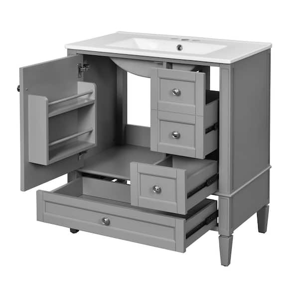 30 in. W Single Sink Freestanding Gray Bath Vanity with White Ceramic Top and 3 Drawers, Unassembled