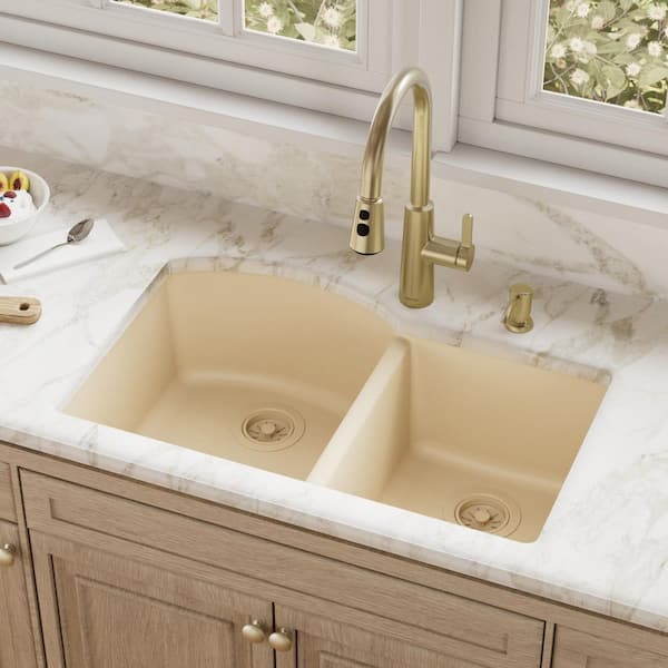 Undermount Quartz/Granite Composite 32 in. 60/40 Double Bowl Kitchen Sink in Bisque
