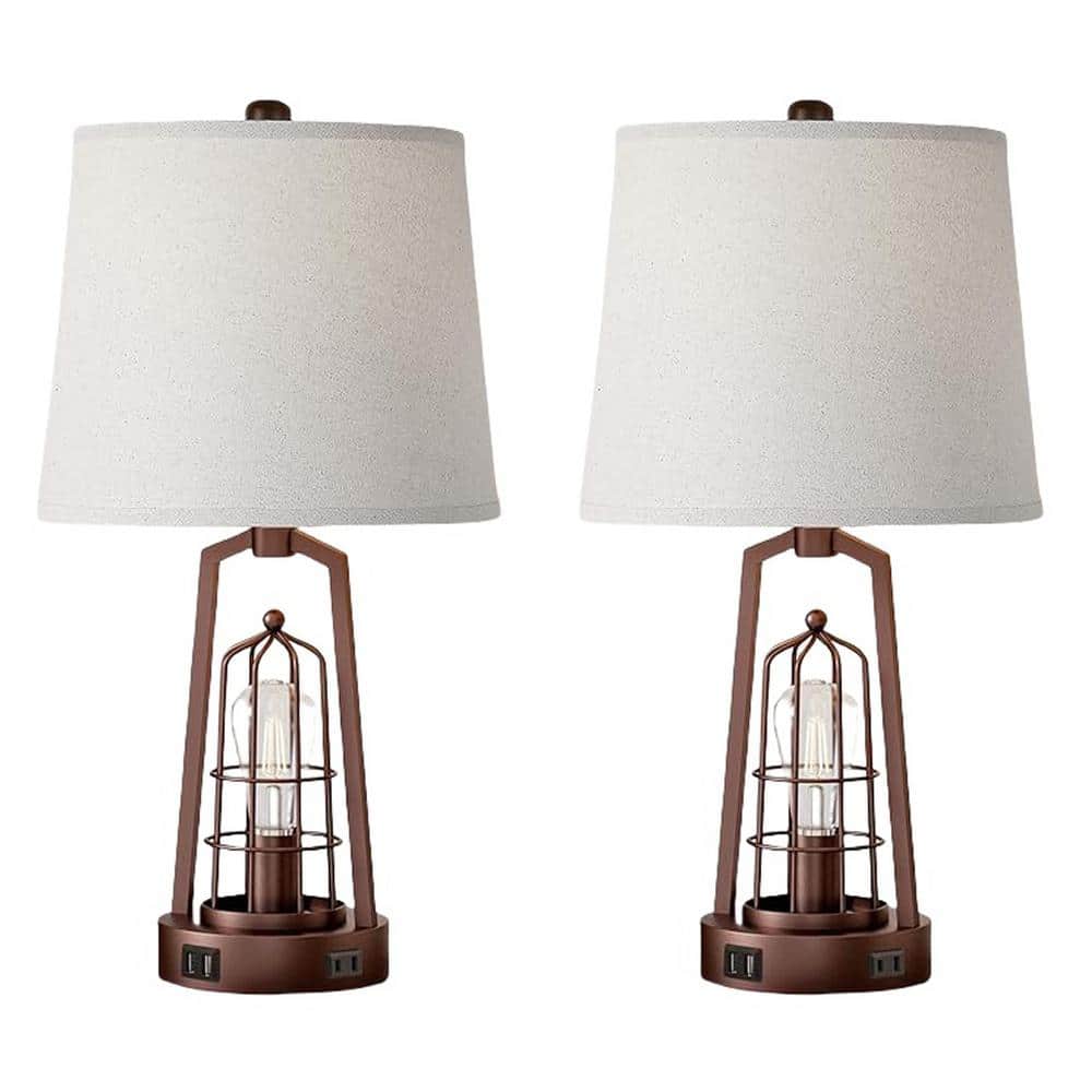2-Pack 22.8 in. H Bronze Table Lamp with 2 USB Ports and AC Outlet 3-Way Di