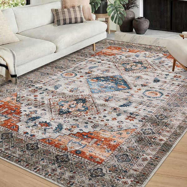 Vintage Floral Carpet Oriental Distressed Rug Washable Rug Low Pile Non-Slip Camel, 8 ft. x 10 ft. Area Rug