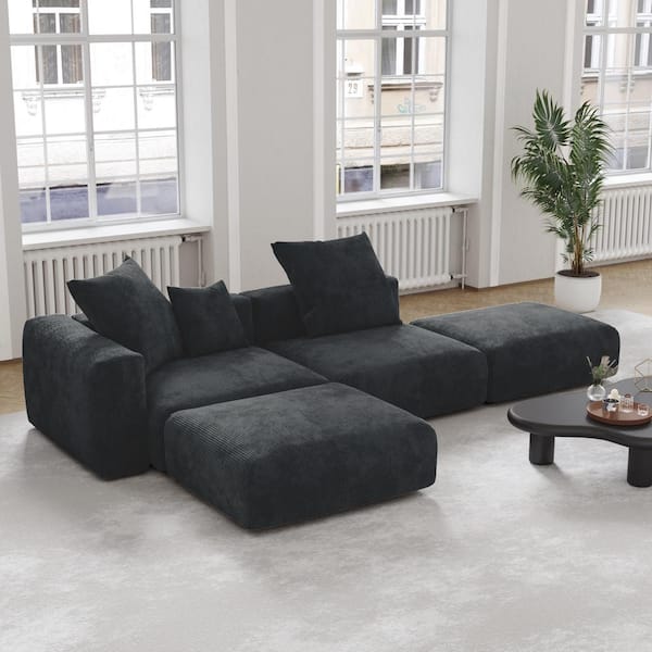 Magic Home 130 in. Square Arm Oversized 4-Piece Grand Couch L-shaped Corduroy Rearrangeable Modular Sectional Sofa in Black