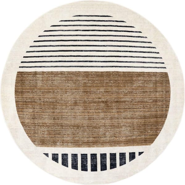 Keeva Modern Striped Fringe Area Rug Beige 6 ft. 4 in. x 6 ft. 4 in. Area Rug