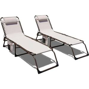 2-Piece Metal Outdoor Chaise Lounge Portable Patio Sun Lounge Chair with Detachable Pocket and Pillow in Beige