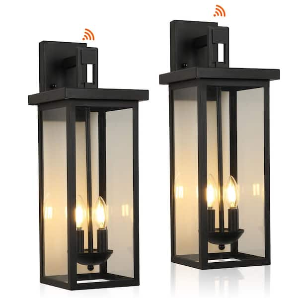 7 in. W x 22 in. H Black Aluminum Dusk to Dawn Hardwired Outdoor Wall Lantern Sconce with Clear Glass Shades (2 Pack)