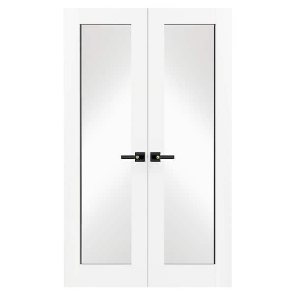 TENONER 48 in. x 80 in. MDF and Solid Wood, Full Lite, Mirrored Glass, White Primed Interior Door Slab With Black Lever Handle