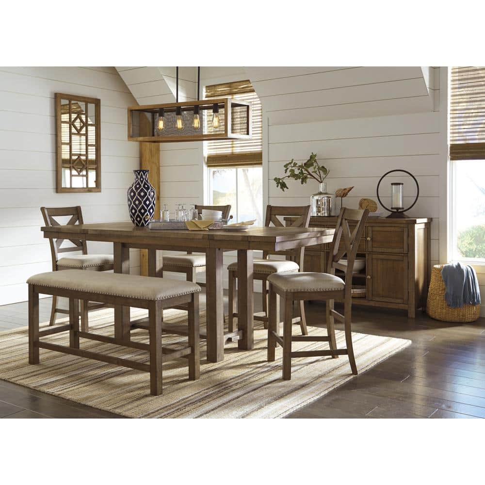 Distressed Nutmeg 48.5" Transitional Dining Bench with Beige Upholstery