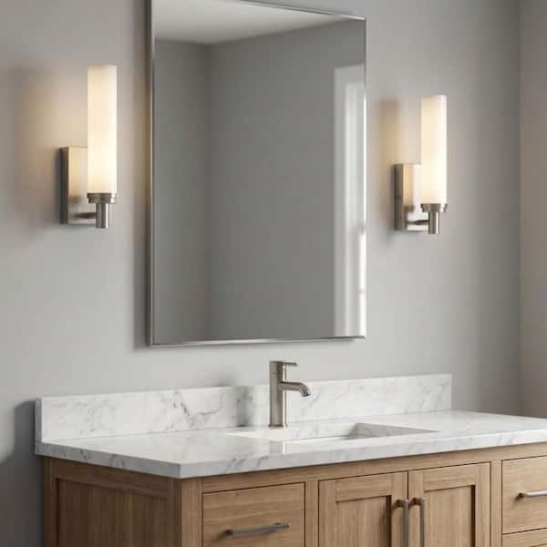 Coles 4.5 in. W x 12.6 in. H Brushed Nickel Modern LED Dimmable Bathroom Wall Sconce with White Acrylic Shade