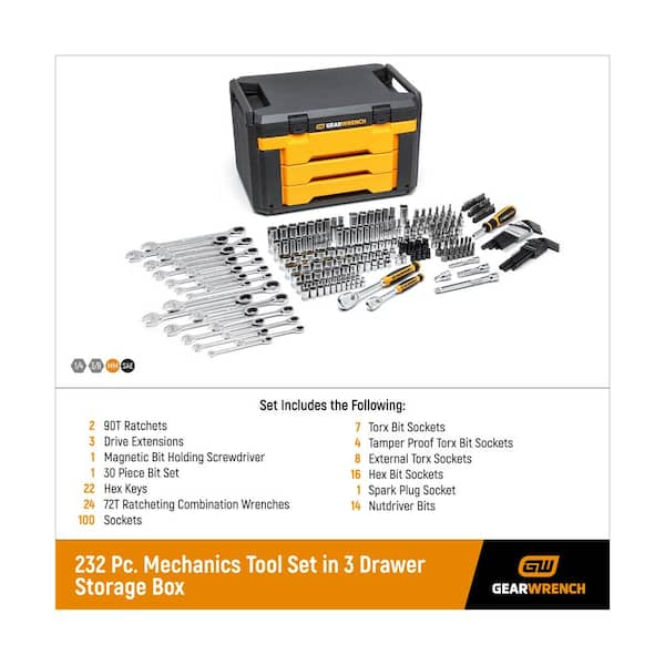 1/4 in. and 3/8 in. Drive 90-Tooth Standard and Deep SAE/Metric Mechanics Tool Set in 3-Drawer Storage Box (232-Piece)