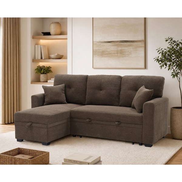 Modern 71 in. Polyester L-Shaped Sectional Sofa in Coffee with Reversible Storage Chaise and Pull-Out Bed