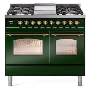 Nostalgie II 40 in. 6 Burner Freestanding Double Oven Dual Fuel Range in Emerald Green with Brass