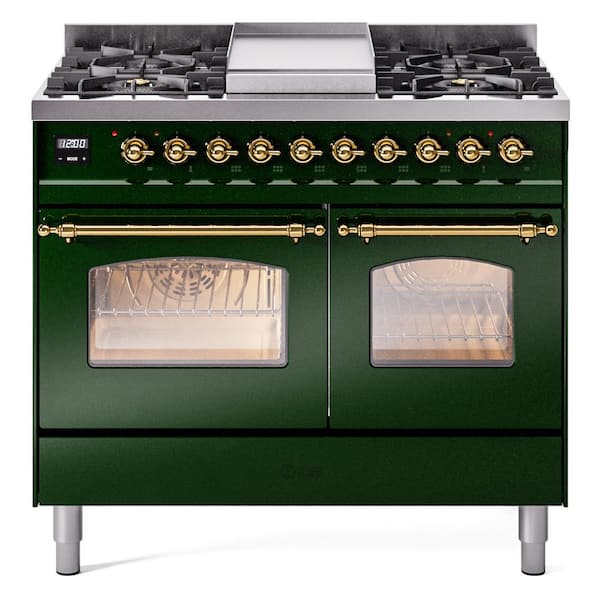 ILVE Nostalgie II 40 in. 6 Burner Freestanding Double Oven Dual Fuel Range in Emerald Green with Brass