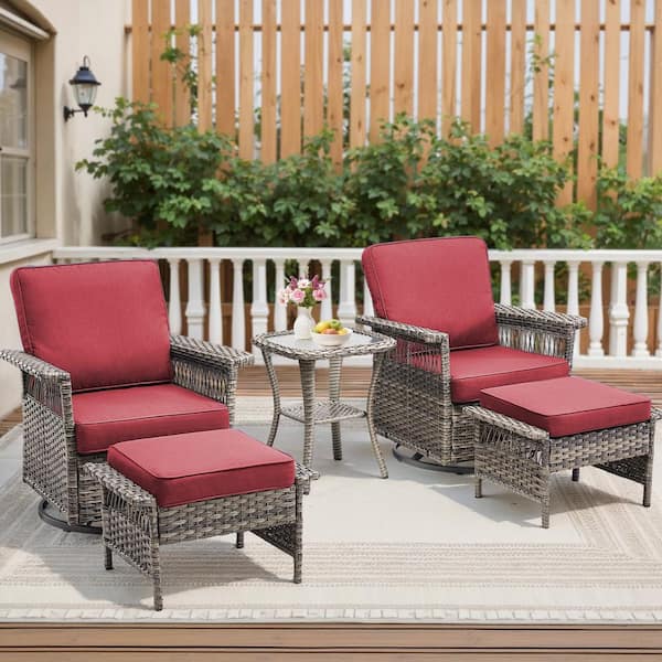 5-Piece Swivel Wicker Outdoor Lounge Chair Patio Rocking Chair Set with Red Cushions