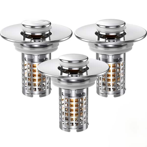 3-Piece Universal Bathroom Sink Drain Stopper with Removable Basket and Pop-Up Mechanism in Stainless Steel Finish