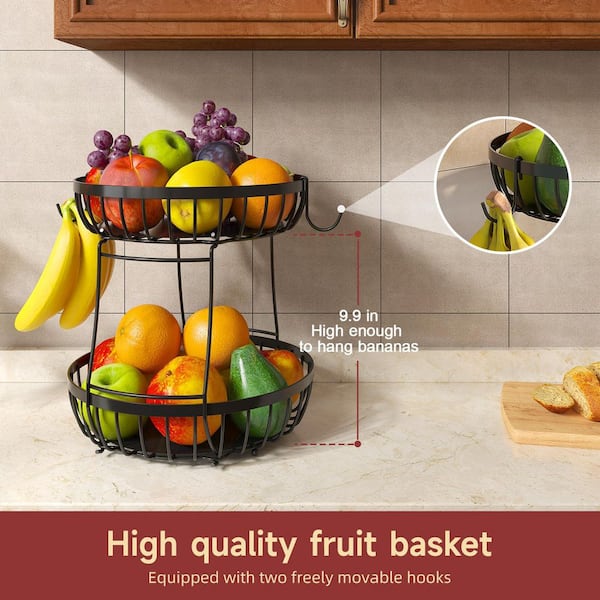 2-Tier Metal Fruit Basket Bowl with 2-Banana Hangers for Kitchen Counter, Bread, Vegetable and Fruits Storage (1-Pack)