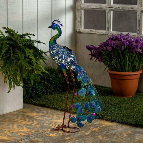 33 in. H Metal Solar Peacock Garden Statue