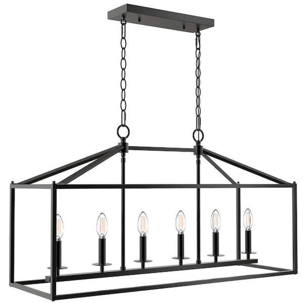 36.6 in. 6-Light Mordern Black Linear Chandelier with Caged Metal Shade, Island Pendant for Kitchen, Dining Room
