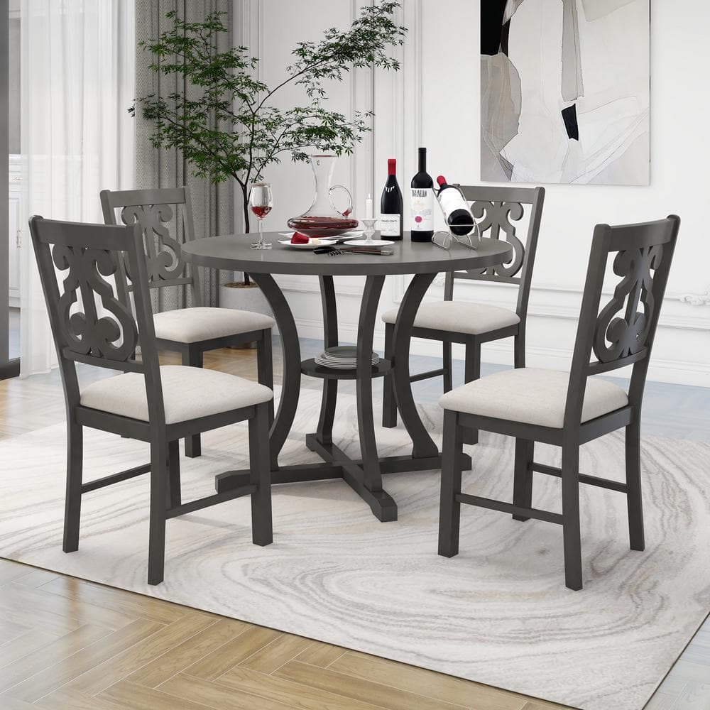 Gray Wood Round Bistro Dining Set with Beige Cushions