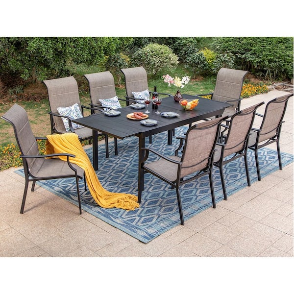 PHI VILLA 9-Piece Metal Patio Outdoor Dining Set with Padded Textilene Chairs