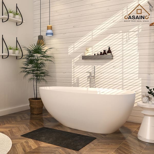 CASAINC (GIFT) 63 in. x 22 in. Solid Surface Stone Resin Freestanding Flatbottom Soaking Bathtub in White with Center Drain