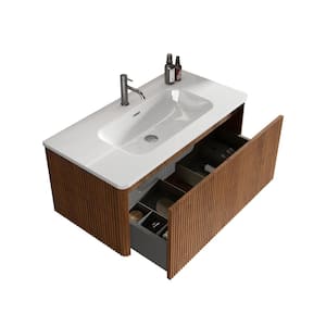 36 in. Single Sink Wall Mounted Walnut Bath Vanity with White Ceramic Top Unassembled